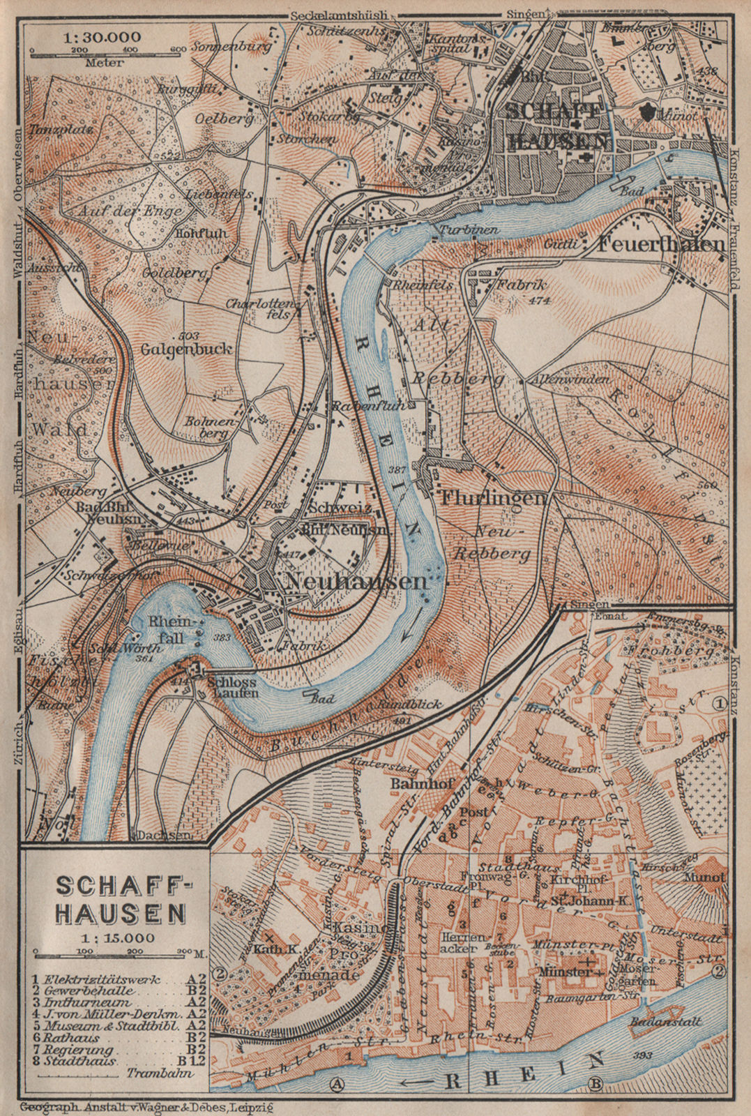 SCHAFFHAUSEN environs. Flurlingen Feuerthalen Neuhausen. Schweiz 1913 old map